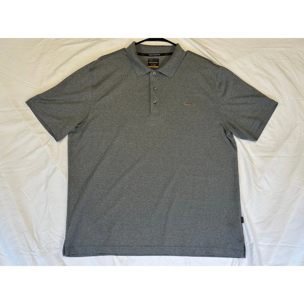 Greg Norman Tasso Elba Five Iron Polo Shirt Mens Large Gray Play Dry Golf Shark